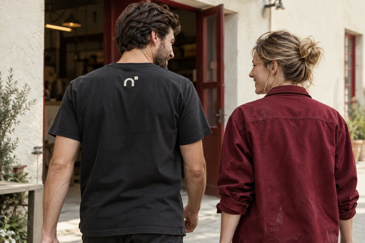 Zwei Personen in schwarzem T-Shirt und weinroter Teamkleidung vor einem offenen Eingang