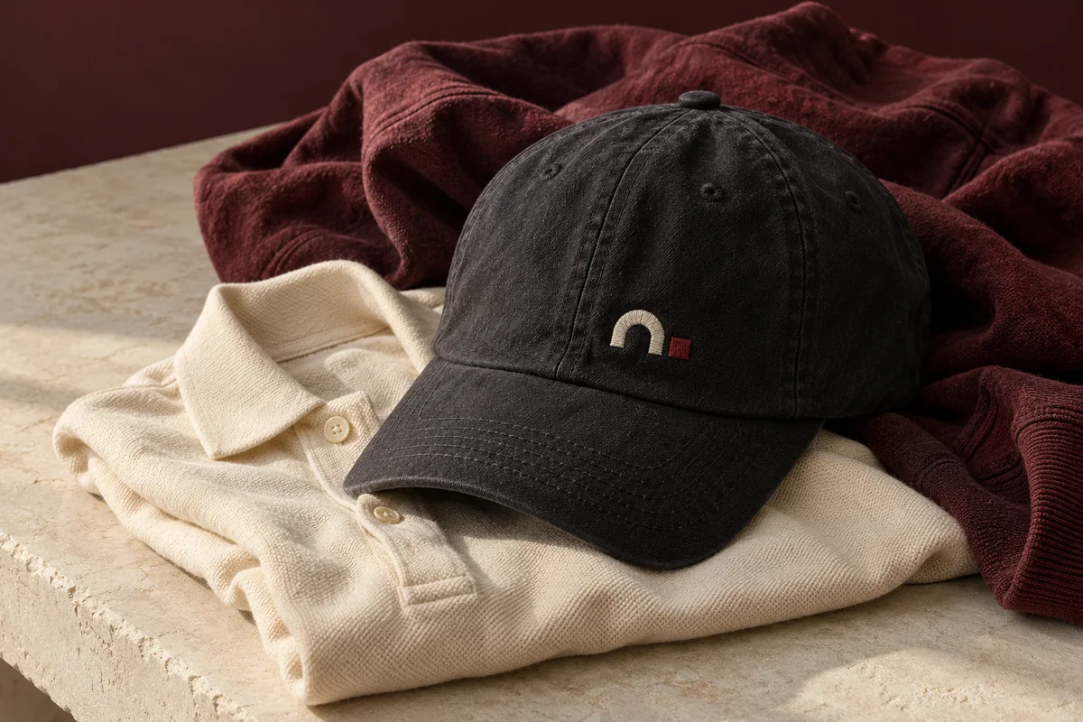 Cap und Polo als Stillleben mit sorgfältig ausgearbeiteten Textildetails