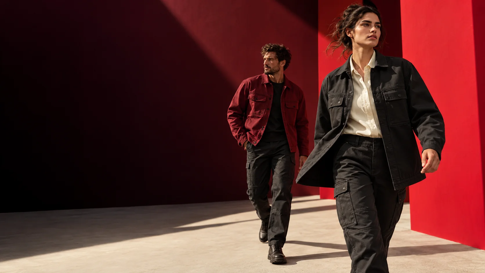 Zwei Personen in dunkler nerotex Workwear vor roter Kulisse